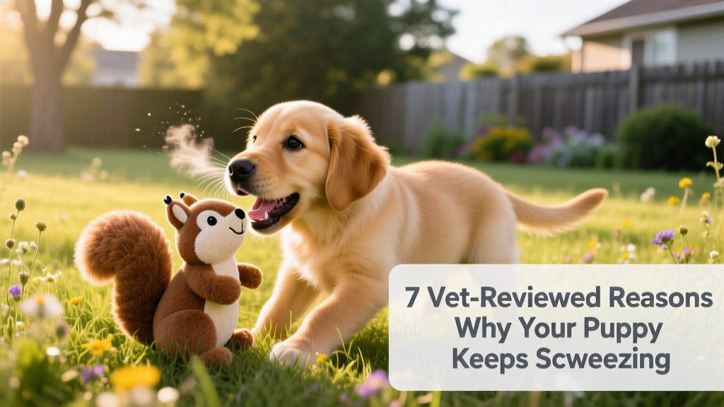 Happy, healthy puppy playing outdoors with a soft toy