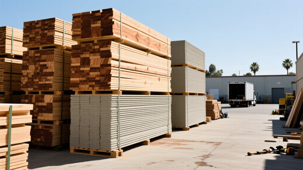 Stacks of Douglas Fir framing lumber and fiber cement siding pallets at a bustling Southern California building supply yard in Fontana