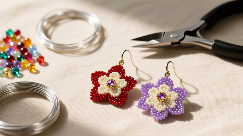 Top-down view of crafting mat with Miyuki seed beads, silver wire, flush cutters, and partially assembled floral beaded earrings