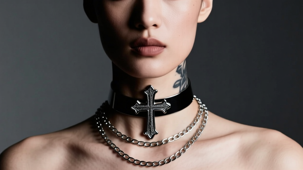 Model wearing a 14-inch blackened silver cross tattoo choker layered with an 18-inch minimalist chain, in moody studio lighting