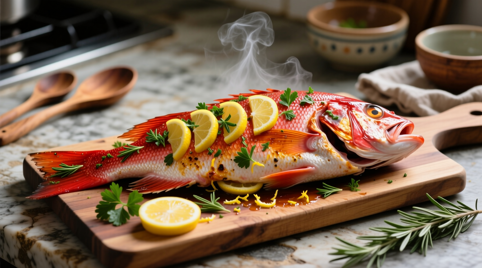 Whole red snapper seasoned with herbs and lemon