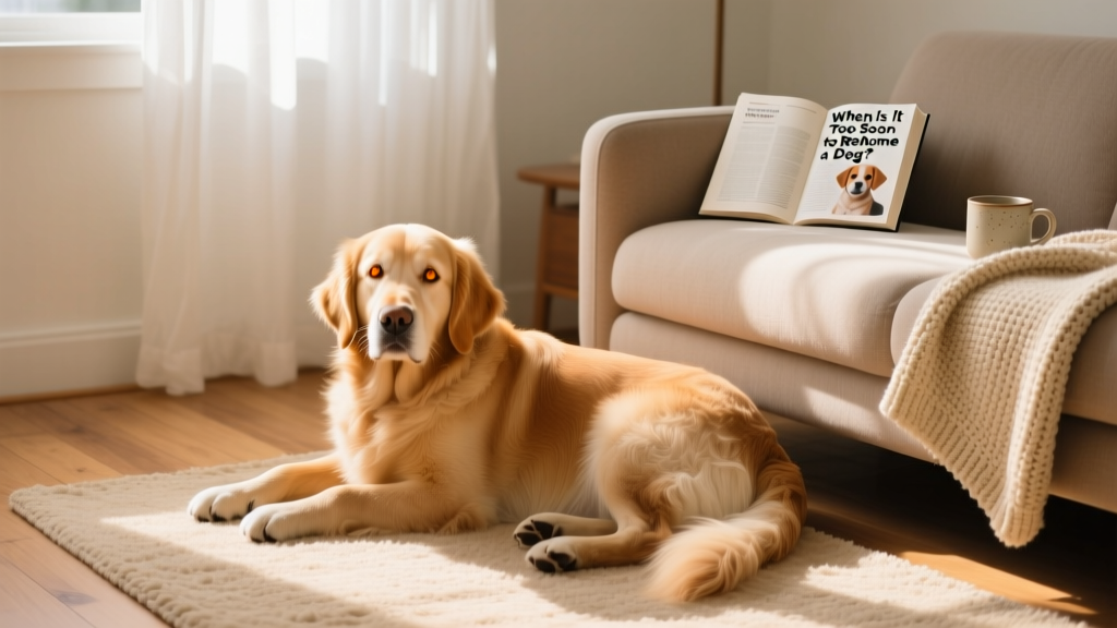 A calm, gentle dog resting quietly in a cozy corner of a living room with soft natural light