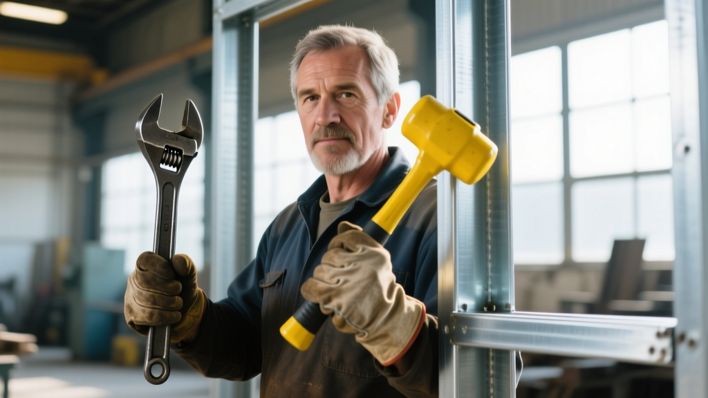 Ironworker holding a heavy steel spud wrench and a yellow dead blow mallet resting on a galvanized light gauge steel stud wall frame