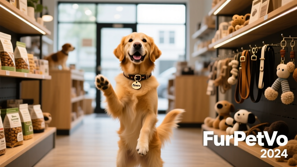 A friendly dog greeting visitors in a FurPetVo store aisle