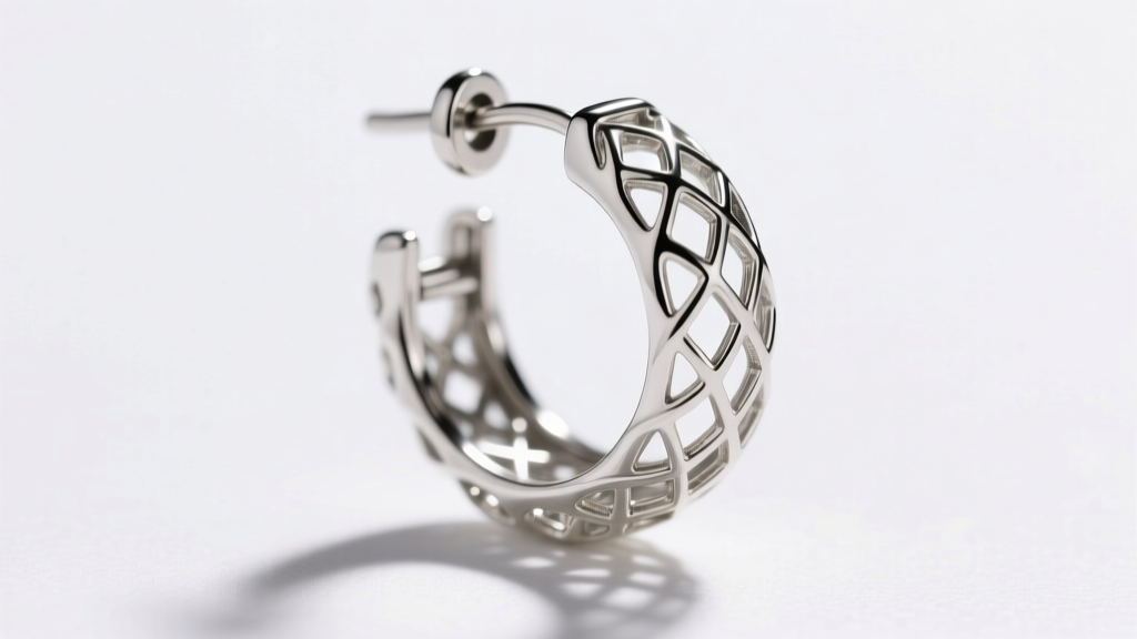 Profile view of a sterling silver filigree hoop earring displaying a secure hinge clasp and intricate lace-like metalwork on white