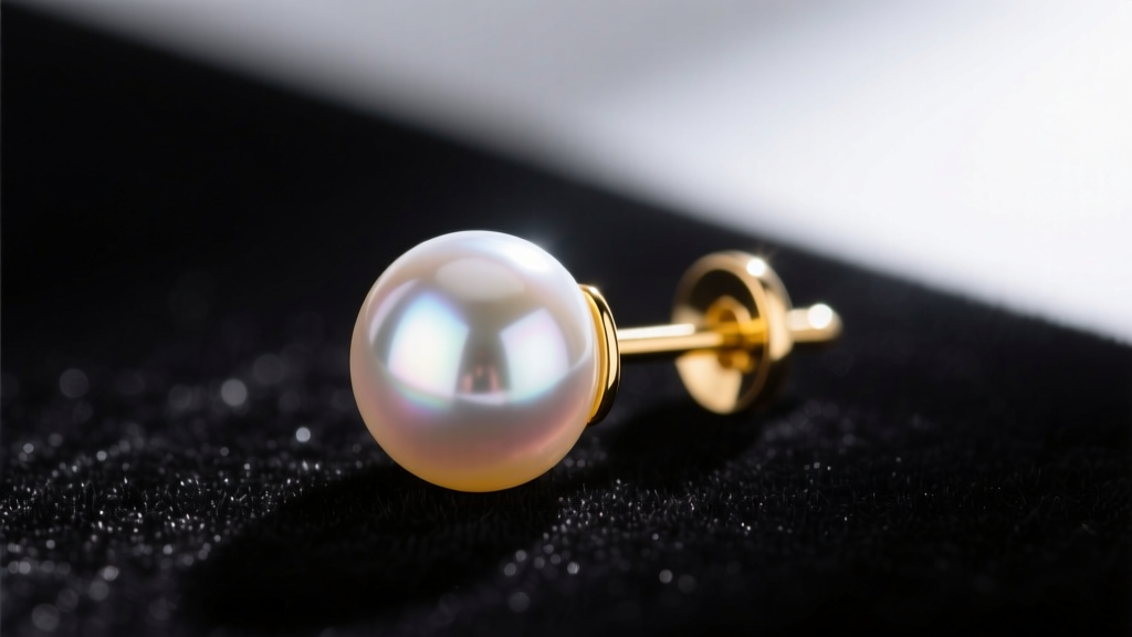 Macro shot of a 7mm Akoya pearl earring on black velvet, displaying intense mirror-like luster and a 20-gauge yellow gold post.