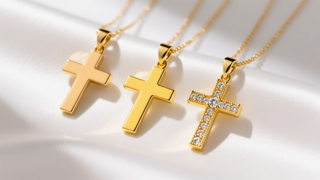 Overhead view of three gold chunky cross pendants in 10k, 14k, and 18k, comparing subtle color differences on white silk fabric.