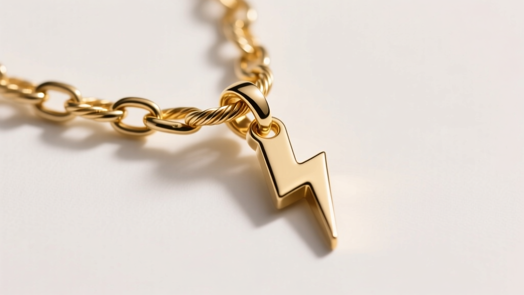 Macro photo of a 1.5mm gold cable chain and clasp on a lightning bolt pendant, showing detailed links in soft light.