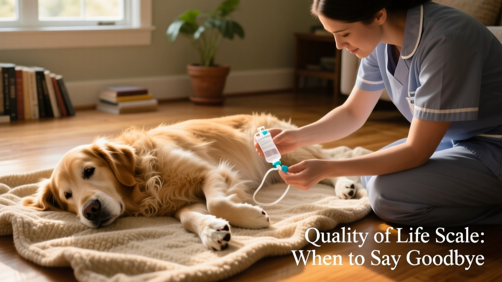 Caregiver gently administering subcutaneous fluids to a senior dog lying on a cozy blanket