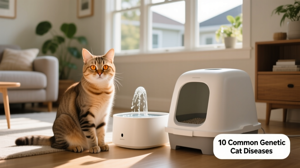 A relaxed domestic shorthair cat sitting beside a water fountain and a clean litter box