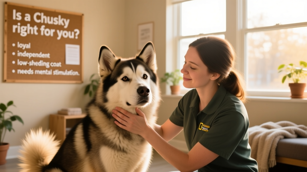 A shelter volunteer gently petting a calm Chusky in a sunlit adoption room, with adoption info signage visible nearby