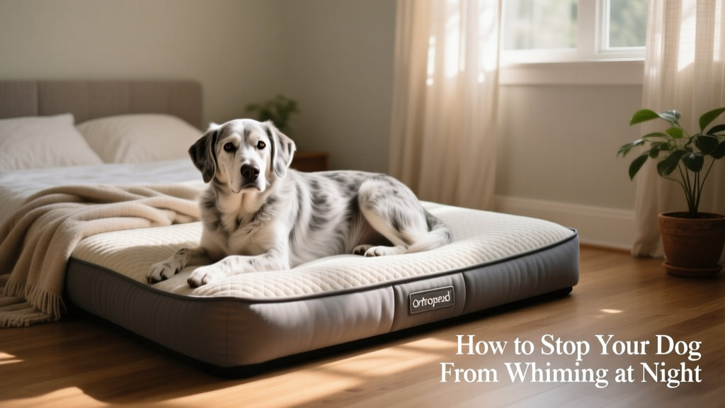 A gentle senior dog resting calmly beside a supportive orthopedic dog bed in a quiet bedroom
