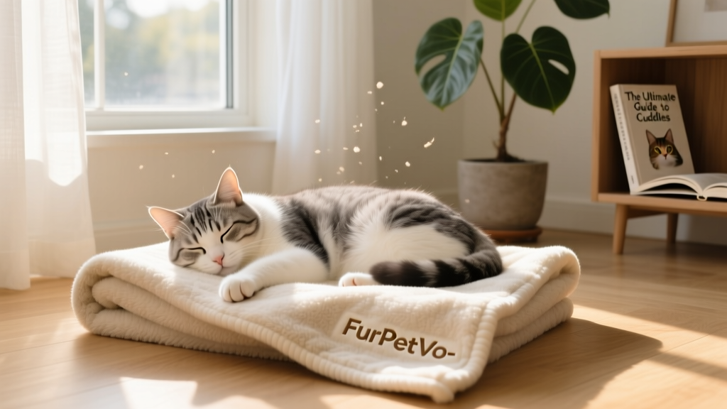 A serene indoor scene: a cat peacefully napping on a folded FurPetVo-branded blanket beside a window with soft light