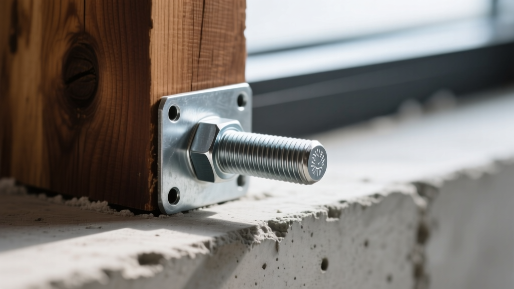 Close-up of a galvanized structural epoxy anchor bolt securing a pressure-treated Douglas Fir sill plate to a cured concrete foundation