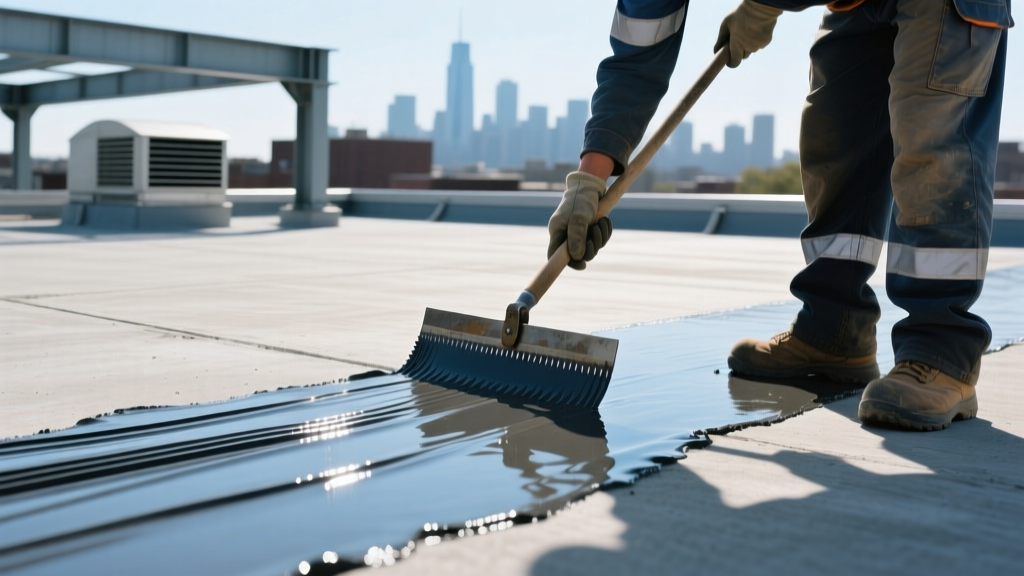 Commercial roofer using a notched squeegee to apply thick polyurethane liquid roof waterproofing material over a primed concrete deck