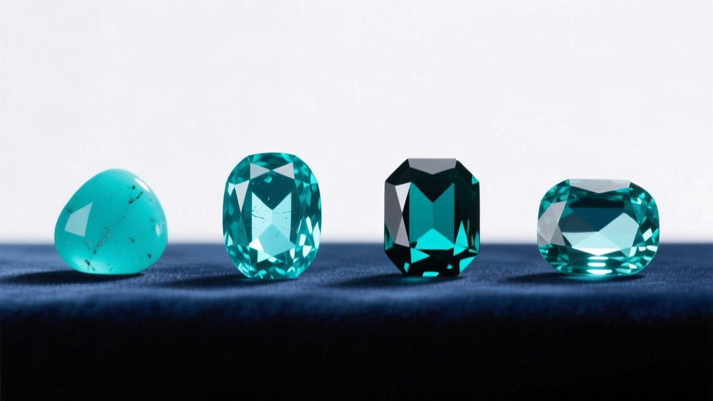 Four turquoise cabochons on velvet showing natural, stabilized, dyed, and reconstituted treatments under bright studio lighting.