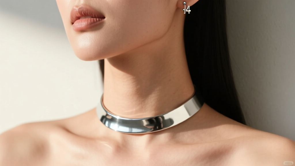 Close-up of a woman wearing a minimalist 14-gauge argentium silver choker, highlighting the high-polish finish against her collarbone in daylight