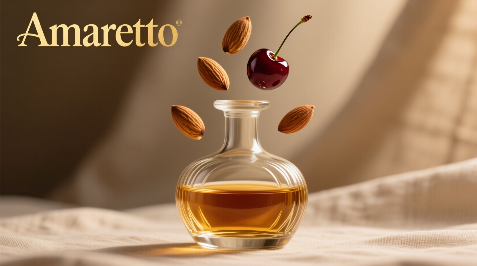 Amaretto bottle with almonds and cherries