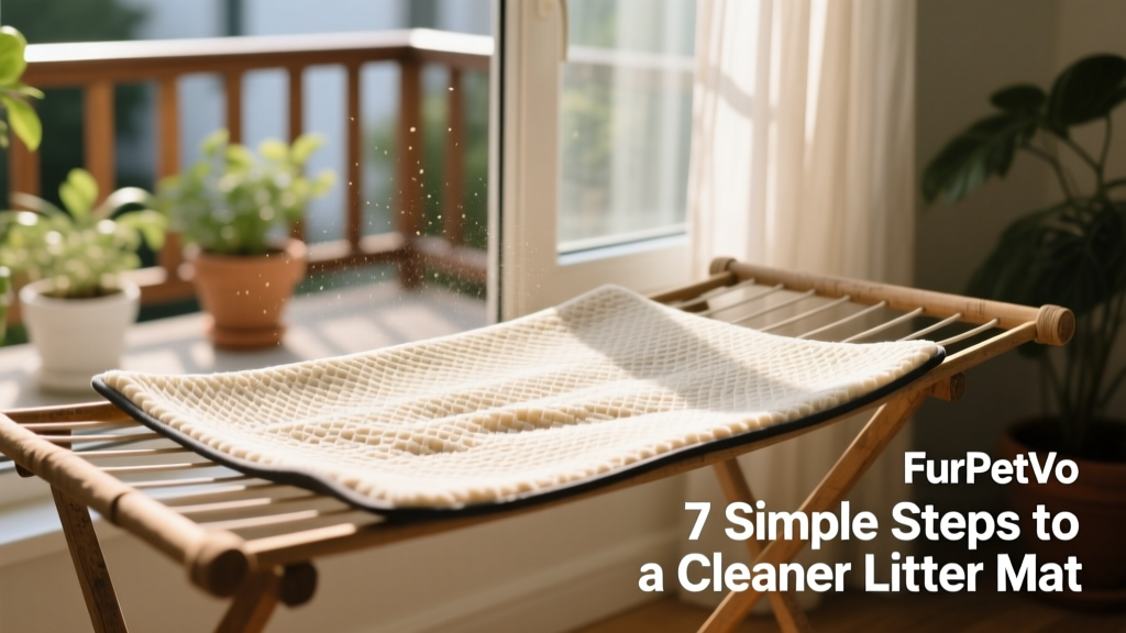 FurPetVo litter mat laid flat on a drying rack near an open window, with natural light highlighting its clean, dry surface