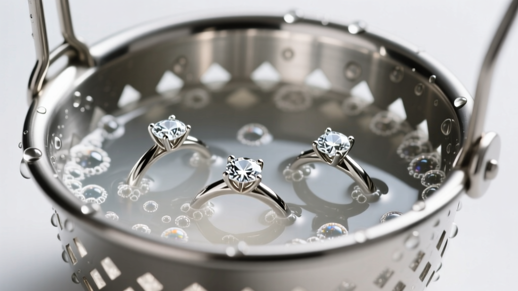 Close-up of stainless steel ultrasonic cleaner basket holding diamond rings submerged in cloudy, bubbling jewelry cleaning solution.