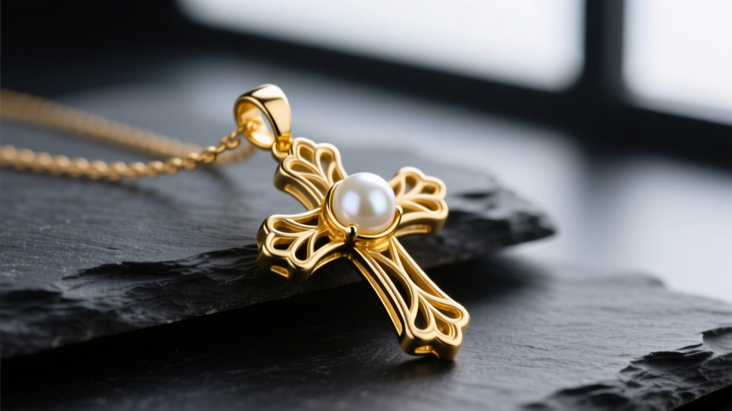 Macro photography of an 18k yellow gold cross pendant featuring a central bezel-set white Akoya pearl, resting on dark slate.