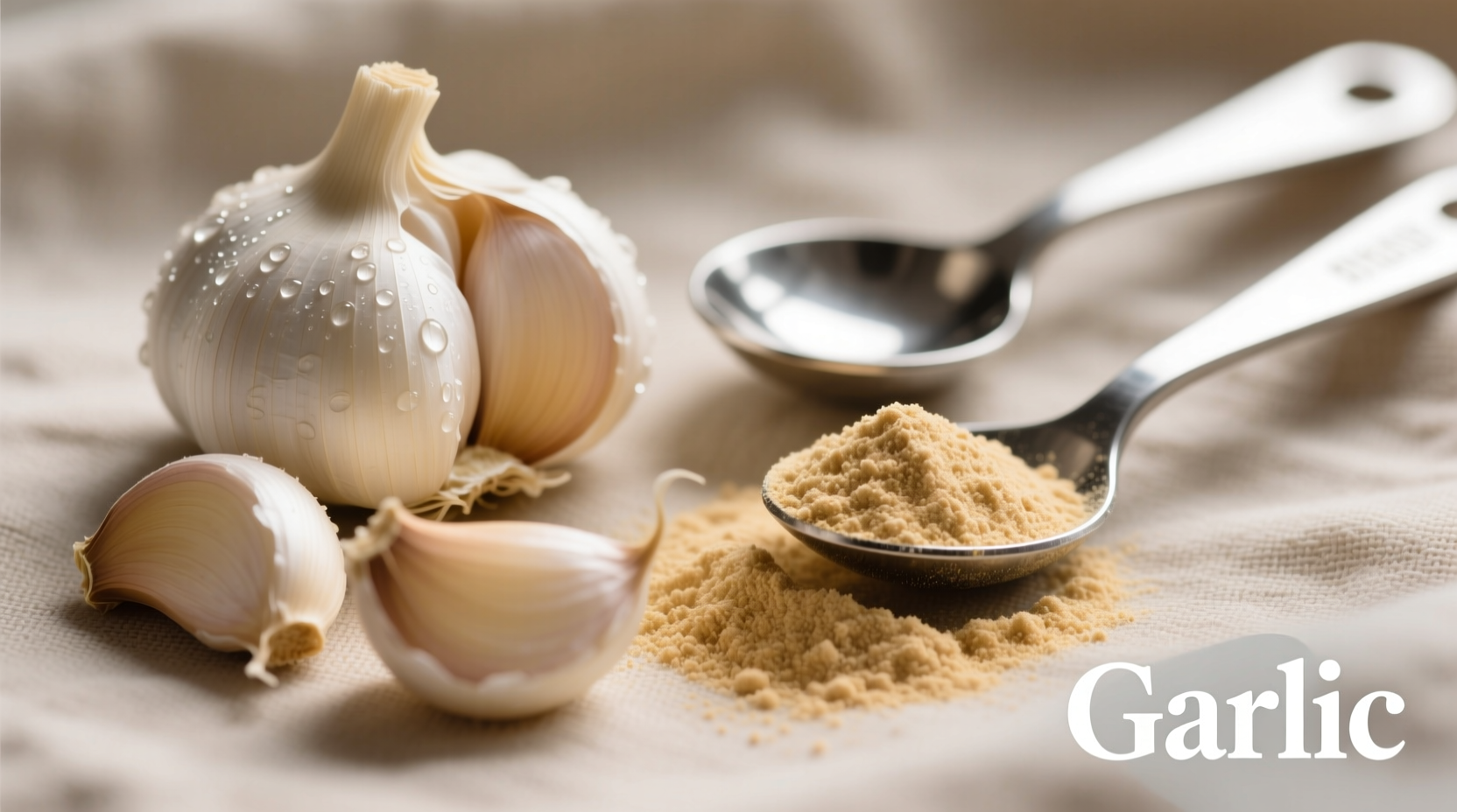 Fresh garlic cloves next to garlic powder in measuring spoons