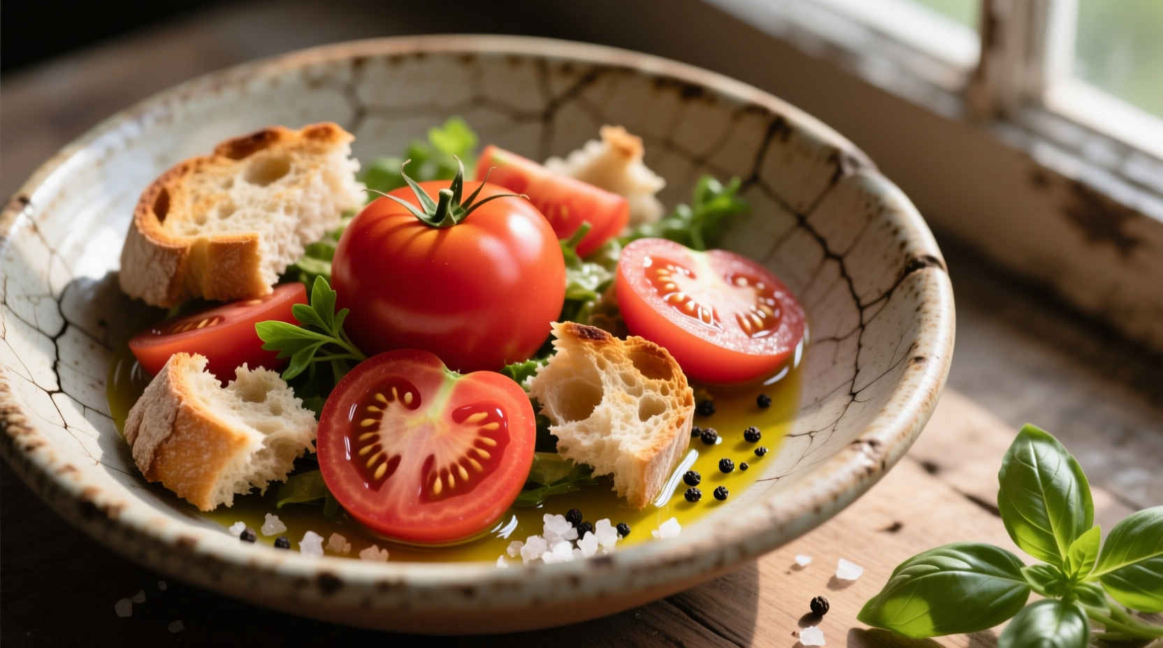 Fresh tomato and bread salad in rustic bowl