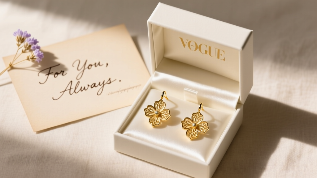 Flatlay gift box with 14k gold floral drop earrings, handwritten card, and dried baby's breath on white marble, top-down view