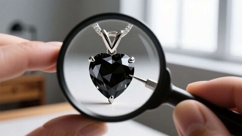 Macro photography of a jeweler inspecting the V-prong at the bottom point of a black diamond heart pendant with a 10x loupe.
