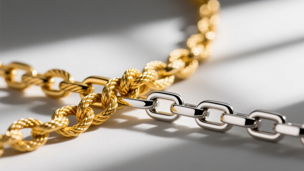 Macro photography of a 1.2mm rope chain interlocking with a 0.9mm box chain, showing contrasting yellow gold and silver tones.