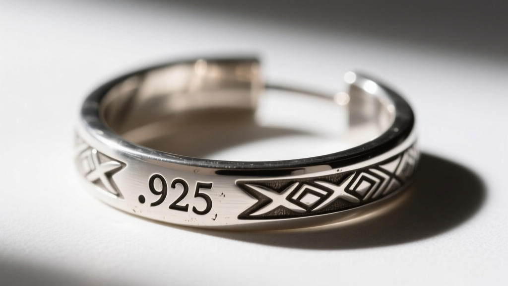 Macro shot of a .925 hallmark stamped on a thick tribal silver hoop earring post, illuminated by a bright jeweler's loupe light