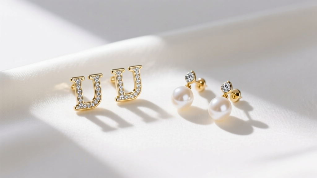 Flat lay of bridal Mrs initial stud earrings and pearl drops on white silk fabric with soft morning light and subtle shadows.