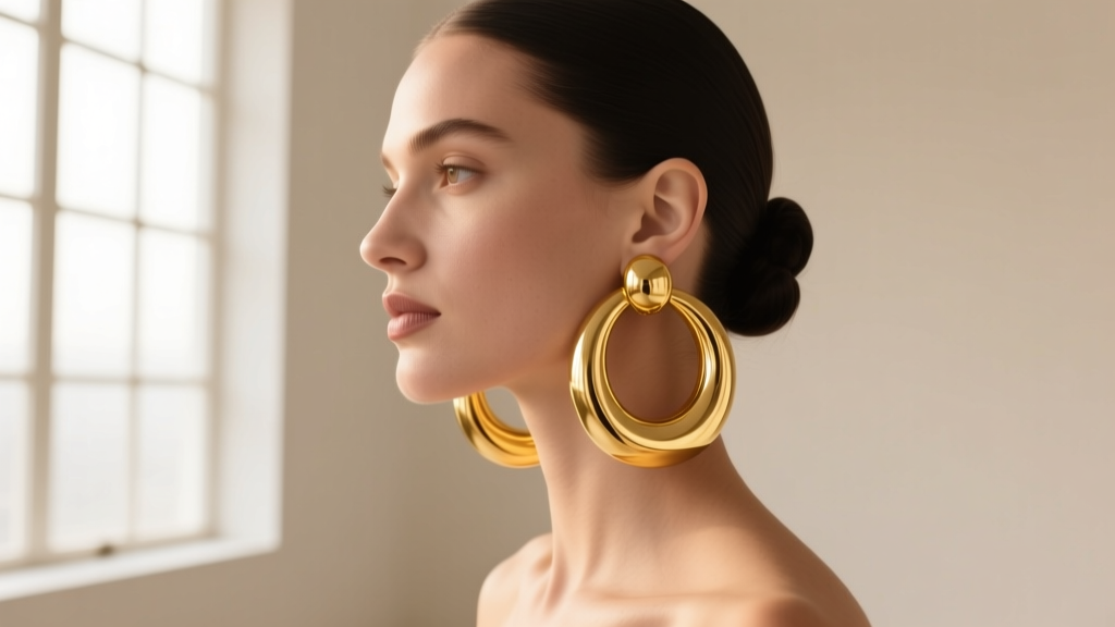Stylish woman wearing thick 14k yellow gold chunky hoop earrings, soft studio lighting highlighting the polished metal surface.