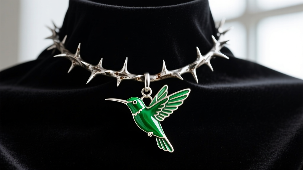 Close-up of an oxidized silver thorn choker with a bright green enamel hummingbird pendant resting on dark velvet fabric.