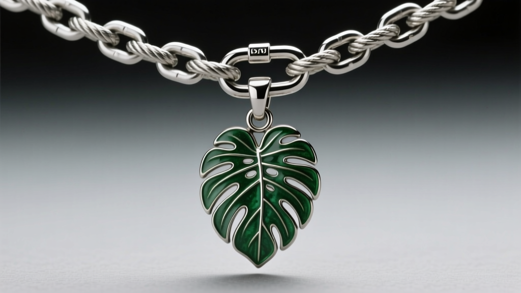 Close-up of a heavy-duty 3mm stainless steel rope chain and reinforced lobster clasp supporting a large botanical pendant.