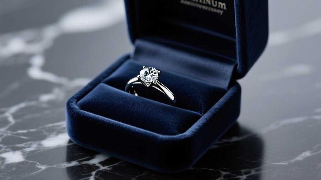 Platinum diamond anniversary band inside a navy velvet box on dark marble, illuminated by soft, moody directional studio lighting