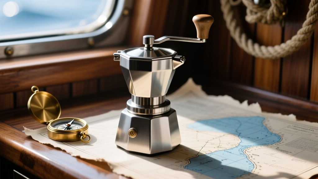 Close-up of a stainless steel manual coffee grinder secured in a marine galley next to a brass compass and navigation charts