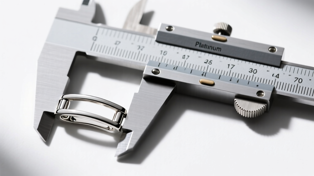 Overhead shot of a digital caliper measuring the exact millimeter thickness of a platinum box clasp tongue and groove fitting.