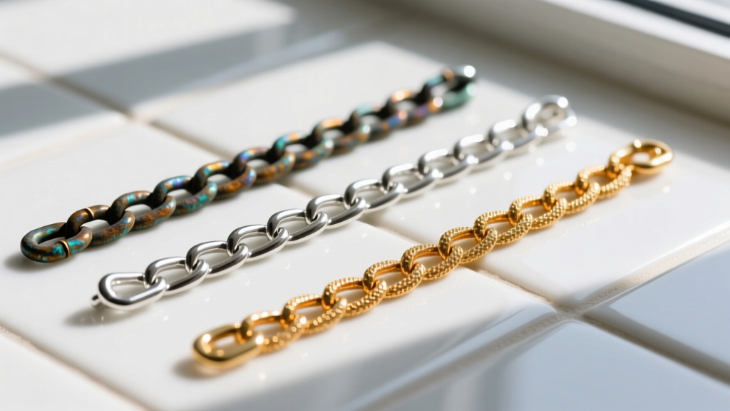 Macro shot of three chains: oxidized sterling, bright argentium silver, and 14k gold-filled, laid flat on a white ceramic tile
