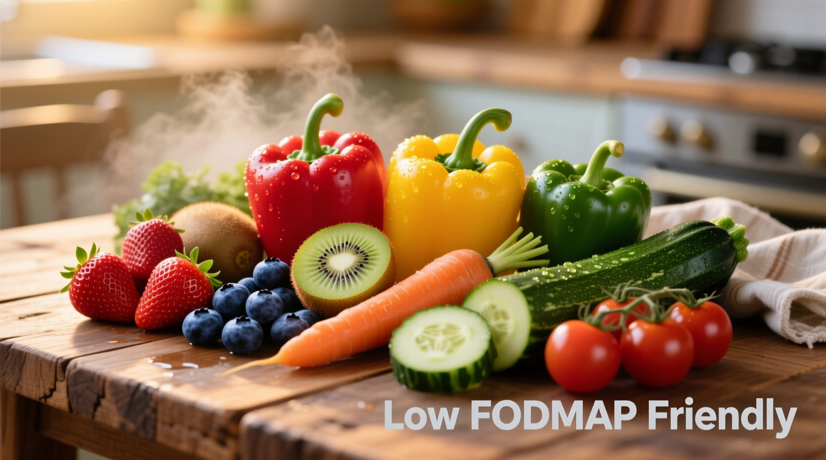 Colorful assortment of low FODMAP fruits and vegetables