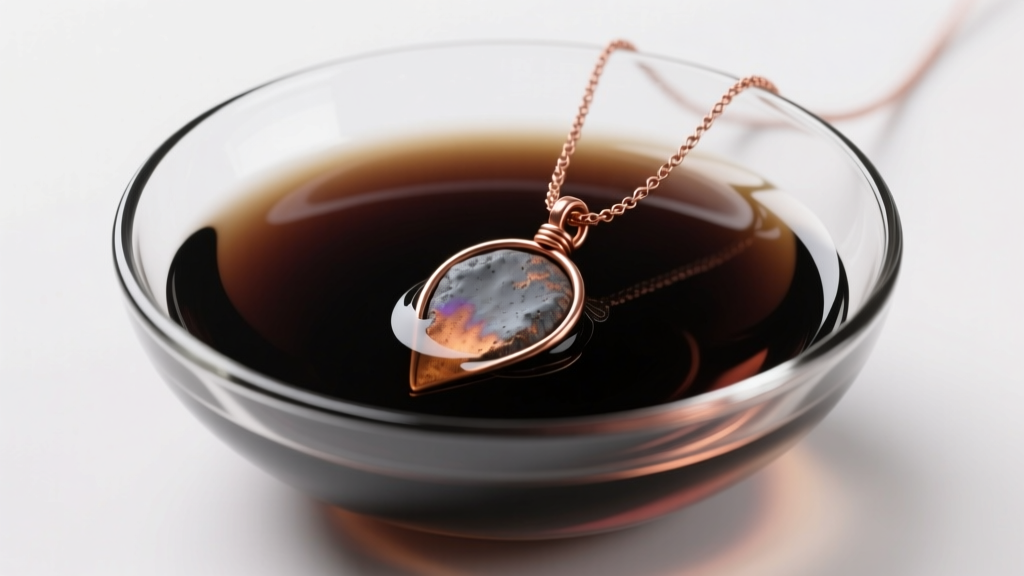 Glass bowl of dark liver of sulfur solution with a copper wire pendant partially submerged, showing a gradient of dark oxidation
