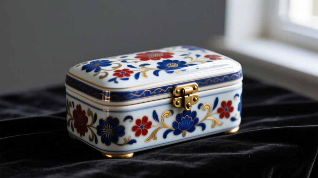 Antique porcelain jewelry box with painted floral motifs on dark velvet, highlighting its glossy vitrified glaze and brass hinges.