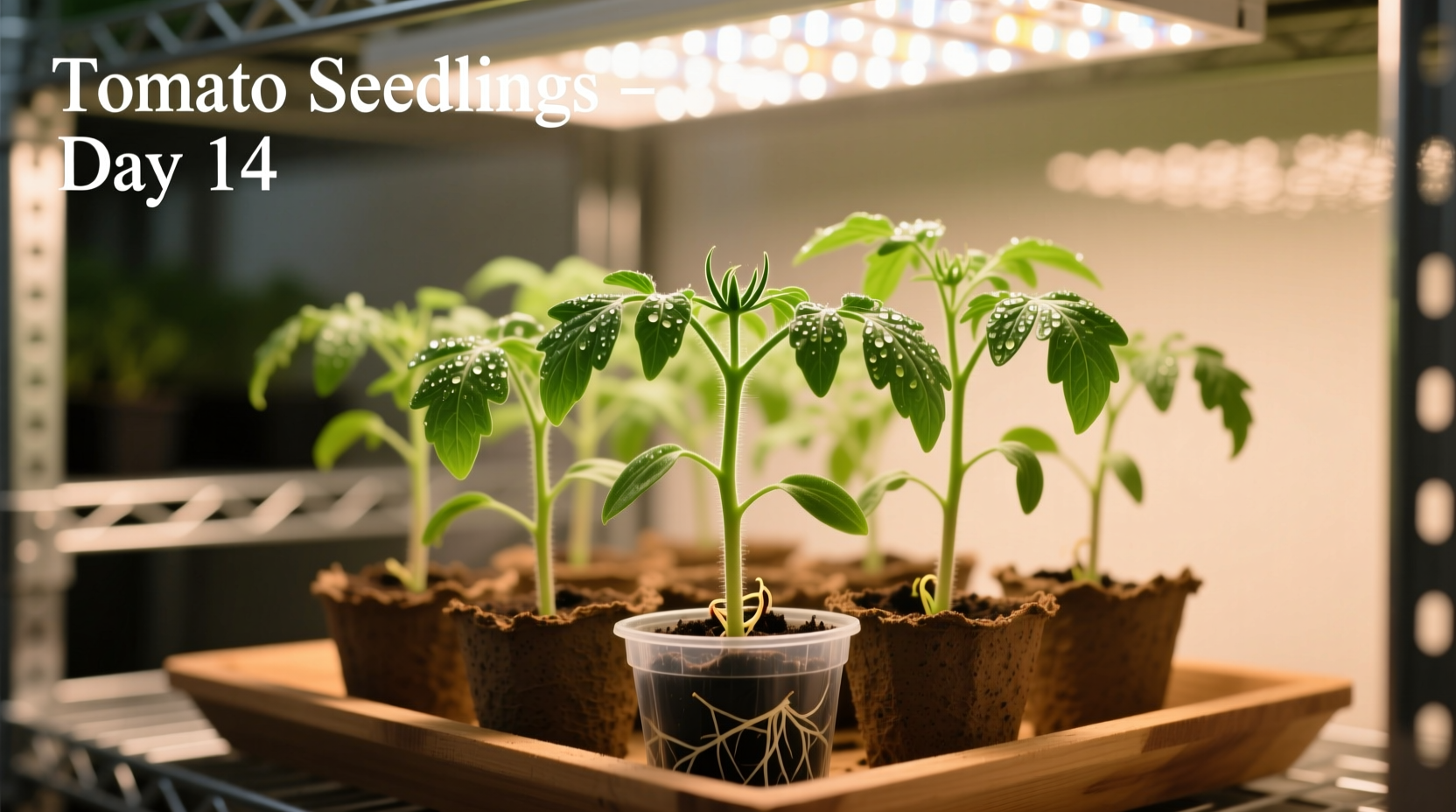 Healthy tomato seedlings under grow lights