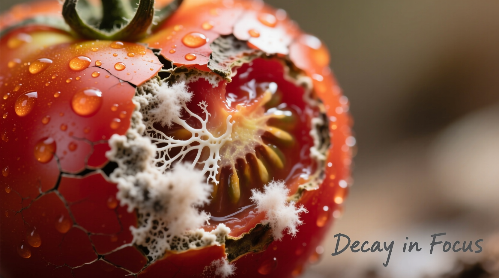 Close-up of moldy tomato showing white fungal growth