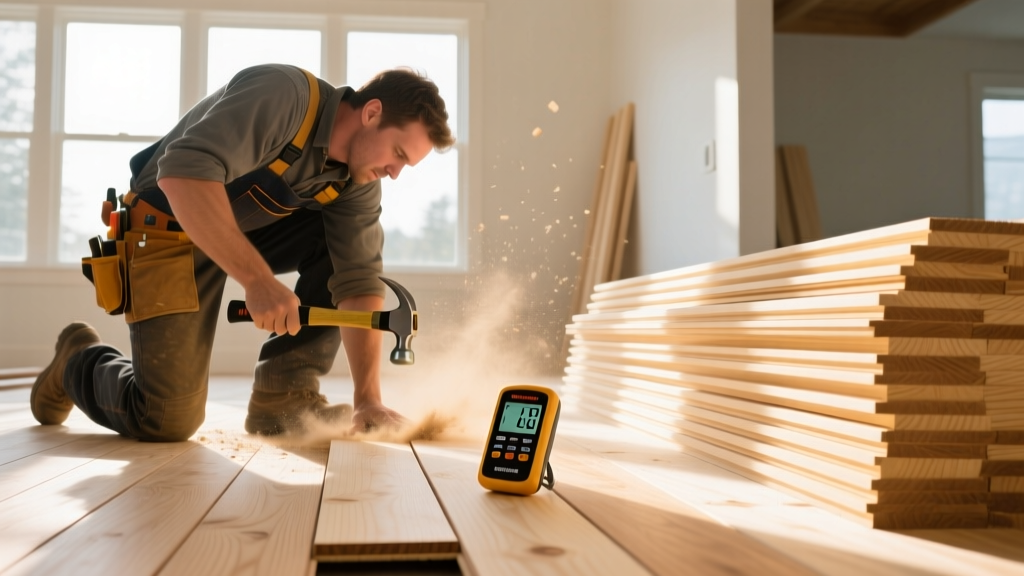 Carpenter blind-nailing Southern Yellow Pine flooring next to a moisture meter and stacked Eastern White Pine trim boards in a bright room