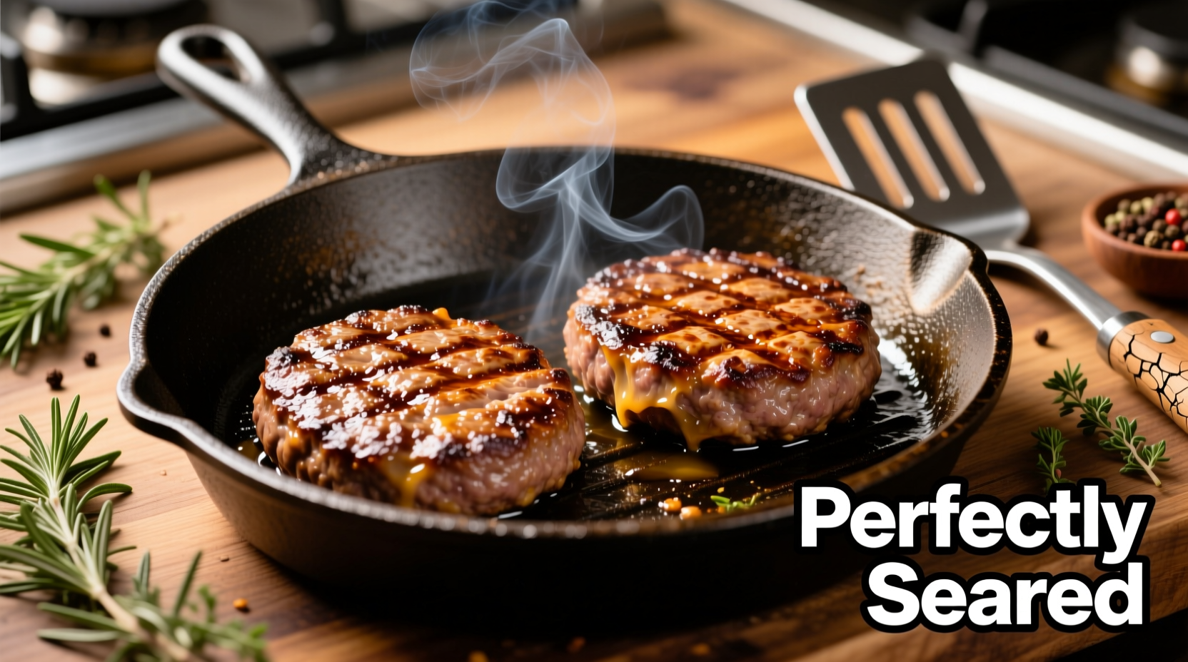 Perfectly seared hamburger patties in cast iron skillet