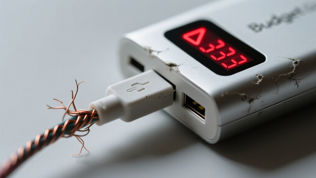 Close-up of a cheap USB power bank connected to a Pi via a frayed micro-USB cable with a red low-voltage warning icon.