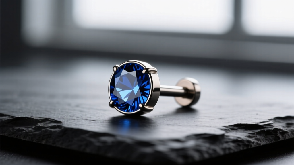Macro photography of a threadless 16g titanium labret stud with a 3mm bezel-set sapphire top, resting on a dark slate surface