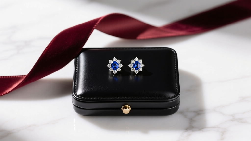 Flat lay gift scene with a leather jewelry case, velvet ribbon, and Bella sapphire diamond cluster stud earrings on white marble