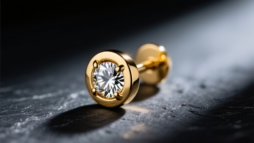 Macro shot of 14k yellow gold flat back stud earring with bezel-set diamond on dark slate, dramatic side lighting highlighting post.